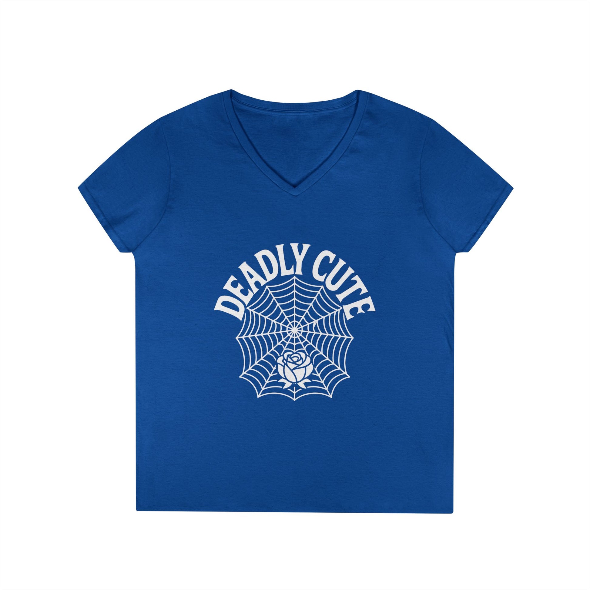 Deadly Cute Spiderweb Rose Ladies’ V-Neck T-Shirt Gothic Design | TEEZOCA 