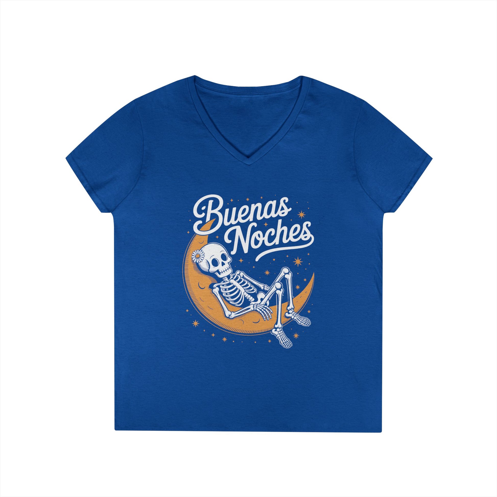 Buenas Noches Skeleton Moon Night Art Aesthetic V-Neck T-Shirt | TEEZOCA 