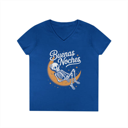 Buenas Noches Skeleton Moon Night Art Aesthetic V-Neck T-Shirt | TEEZOCA 