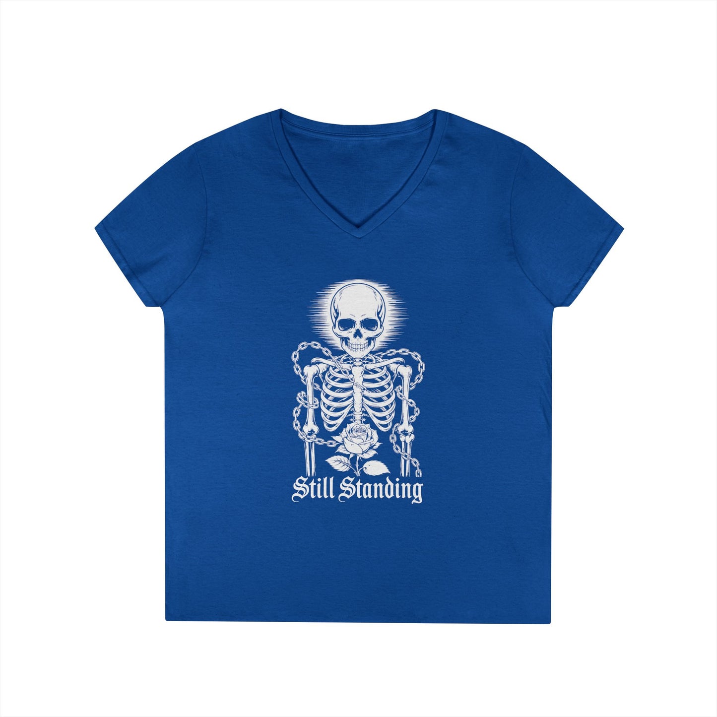 Still Standing Skeleton Rose Graphic V-Neck T-Shirt for Women | TEEZOCA 