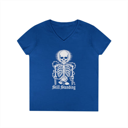 Still Standing Skeleton Rose Graphic V-Neck T-Shirt for Women | TEEZOCA 