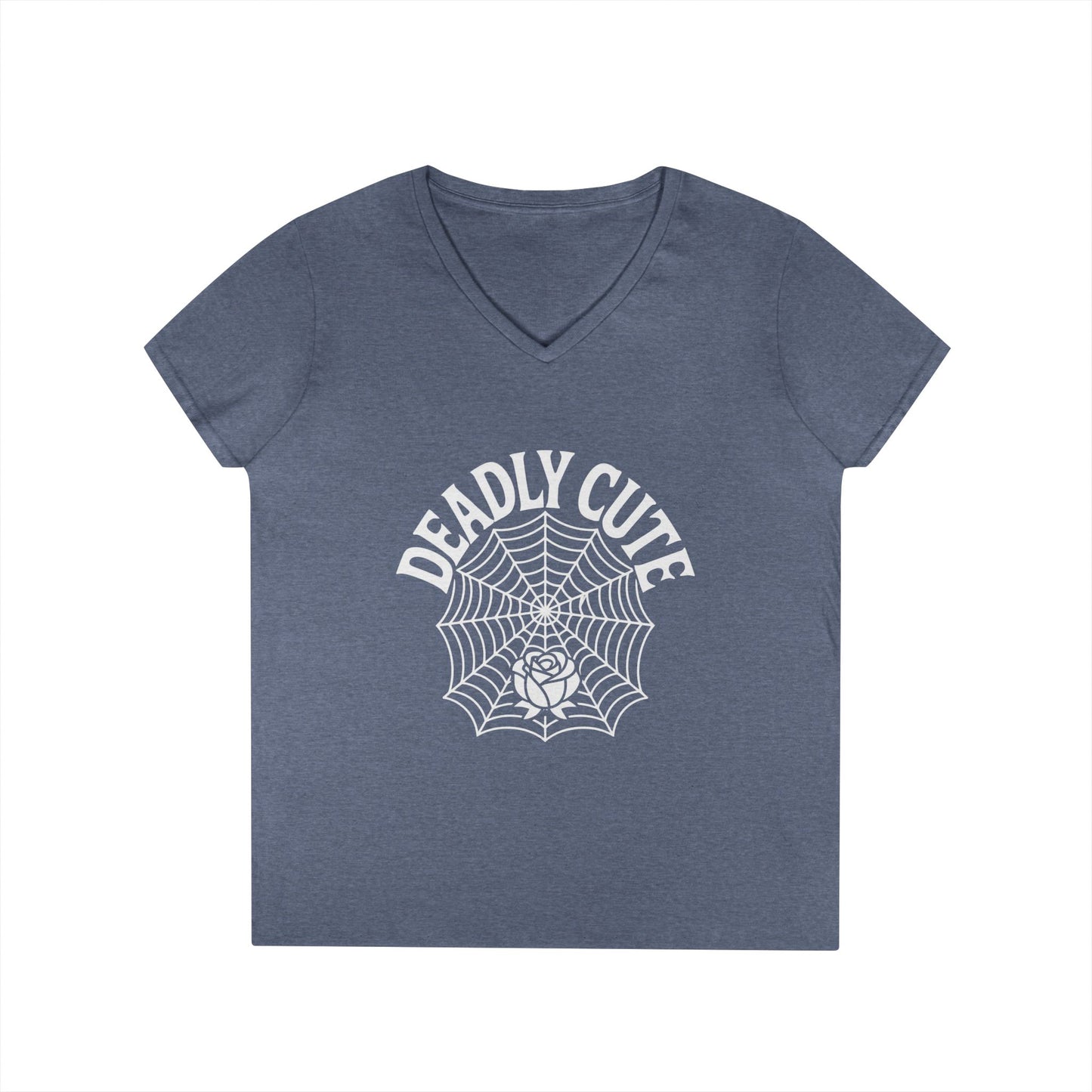Deadly Cute Spiderweb Rose Ladies’ V-Neck T-Shirt Gothic Design | TEEZOCA 