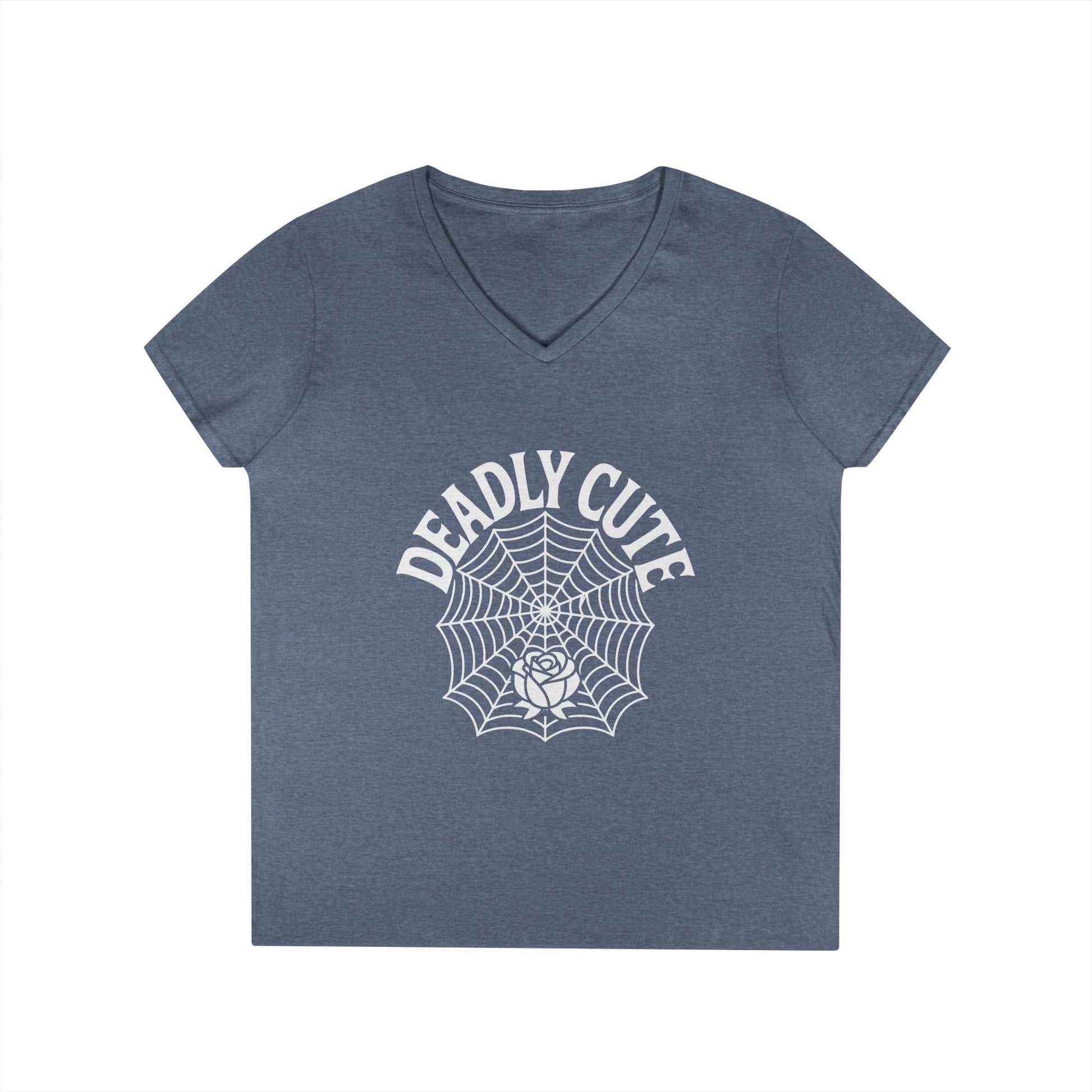 Deadly Cute Spiderweb Rose Ladies’ V-Neck T-Shirt Gothic Design | TEEZOCA 