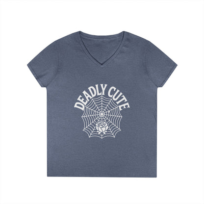 Deadly Cute Spiderweb Rose Ladies’ V-Neck T-Shirt Gothic Design | TEEZOCA 