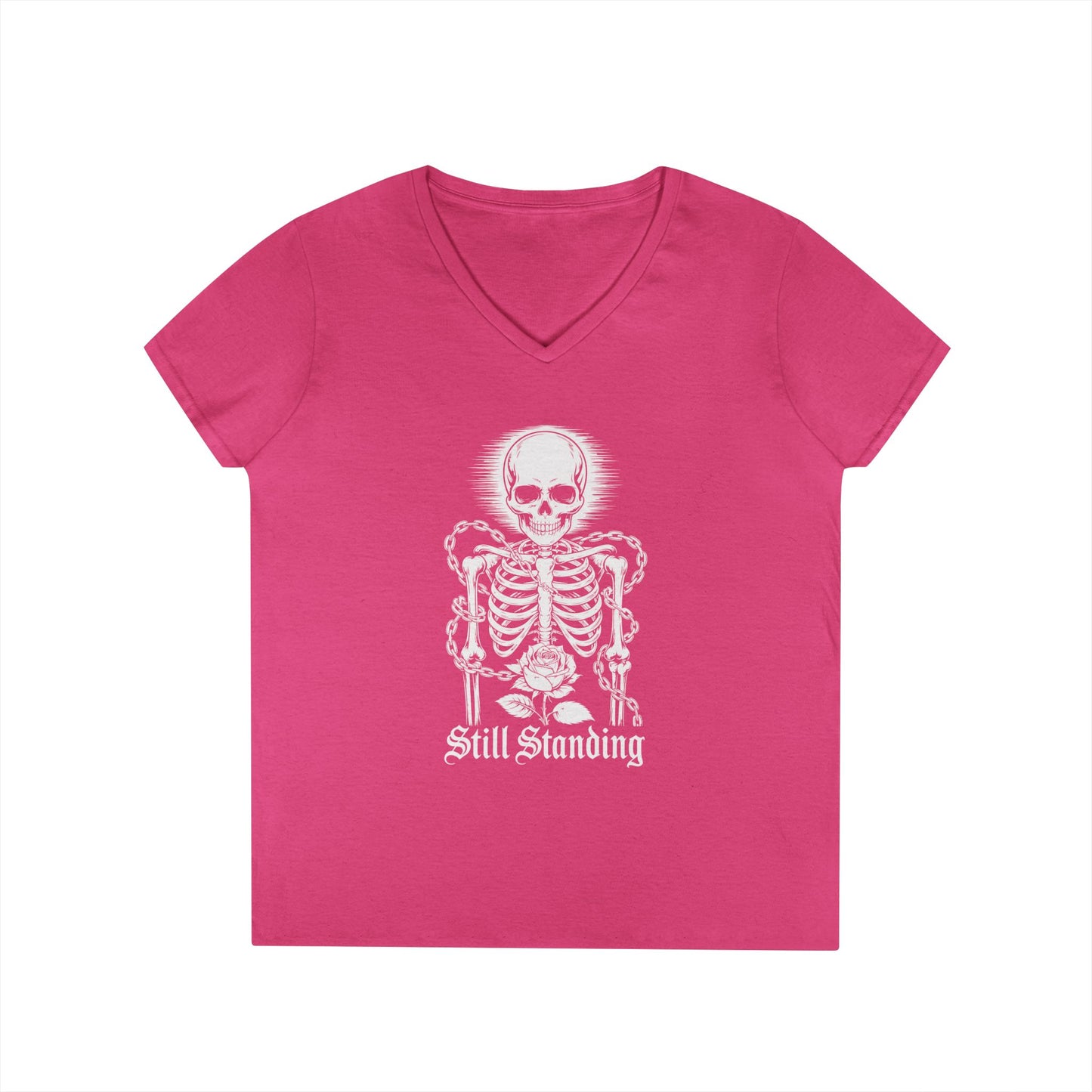 Still Standing Skeleton Rose Graphic V-Neck T-Shirt for Women | TEEZOCA 