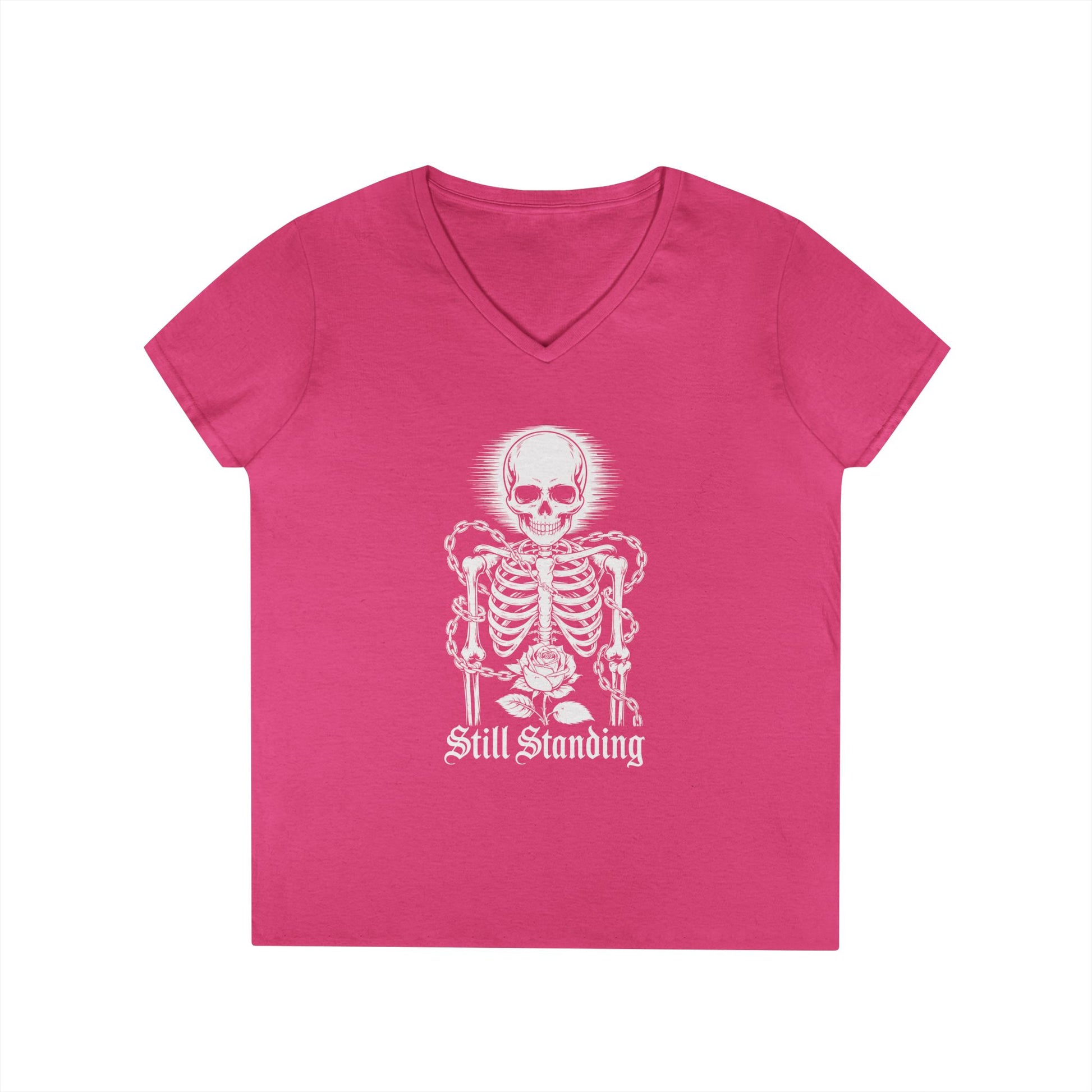 Still Standing Skeleton Rose Graphic V-Neck T-Shirt for Women | TEEZOCA 