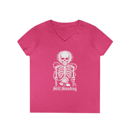 Still Standing Skeleton Rose Graphic V-Neck T-Shirt for Women | TEEZOCA 