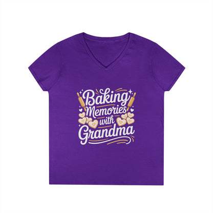 Baking Memories with Grandma V-Neck T-Shirt Sweet Family Love Tee | TEEZOCA 