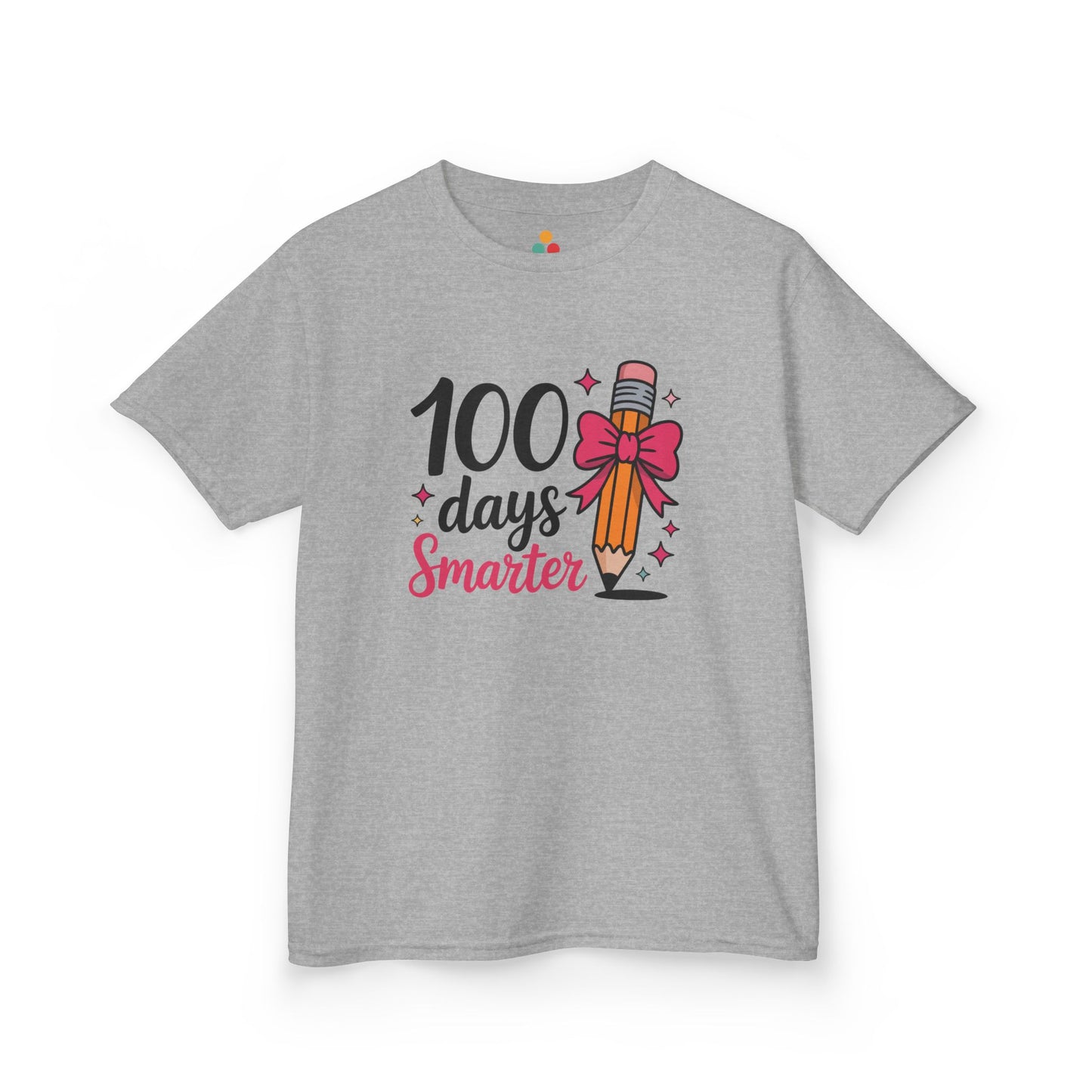 TEEZOCA gray “100 Days Smarter” pencil bow kids t‑shirt displayed flat.