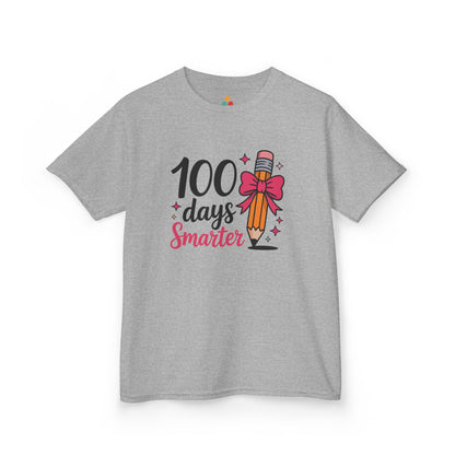 TEEZOCA gray “100 Days Smarter” pencil bow kids t‑shirt displayed flat.