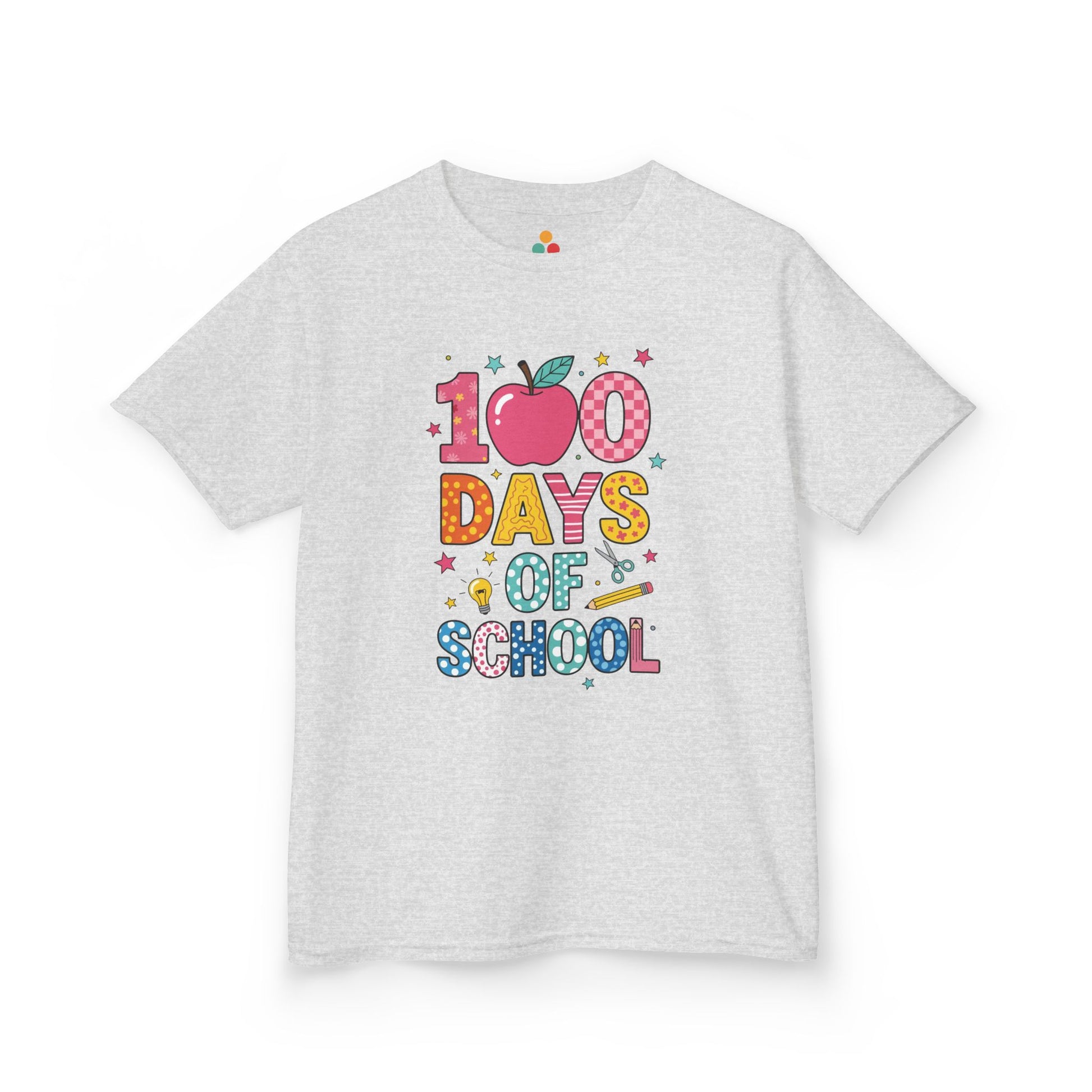 TEEZOCA gray 100 Days of School colorful apple graphic T‑shirt.