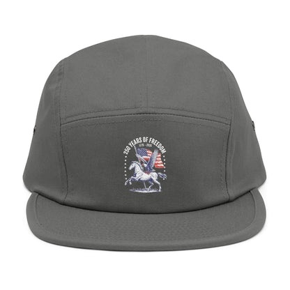 TEEZOCA gray 5-panel cap with patriotic freedom soldier logo, shown flat on neutral background.