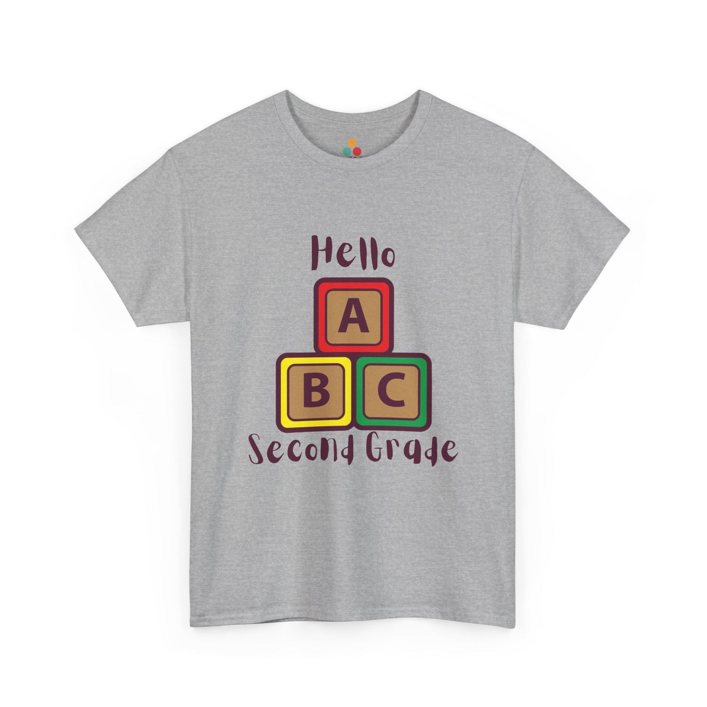 TEEZOCA gray "Hello Second Grade" ABC blocks graphic t-shirt shown flat.
