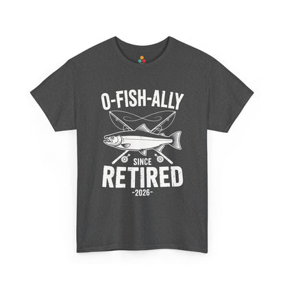 TEEZOCA gray O-Fish-ally Retired Since 2026 fishing graphic T-shirt flat.