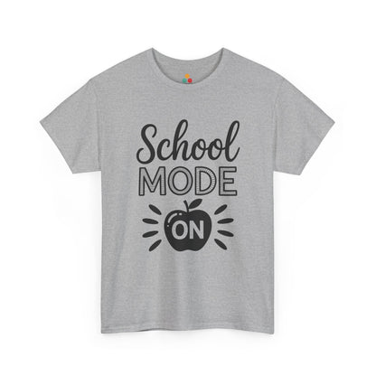 TEEZOCA gray “School Mode On” school graphic T‑shirt shown flat.