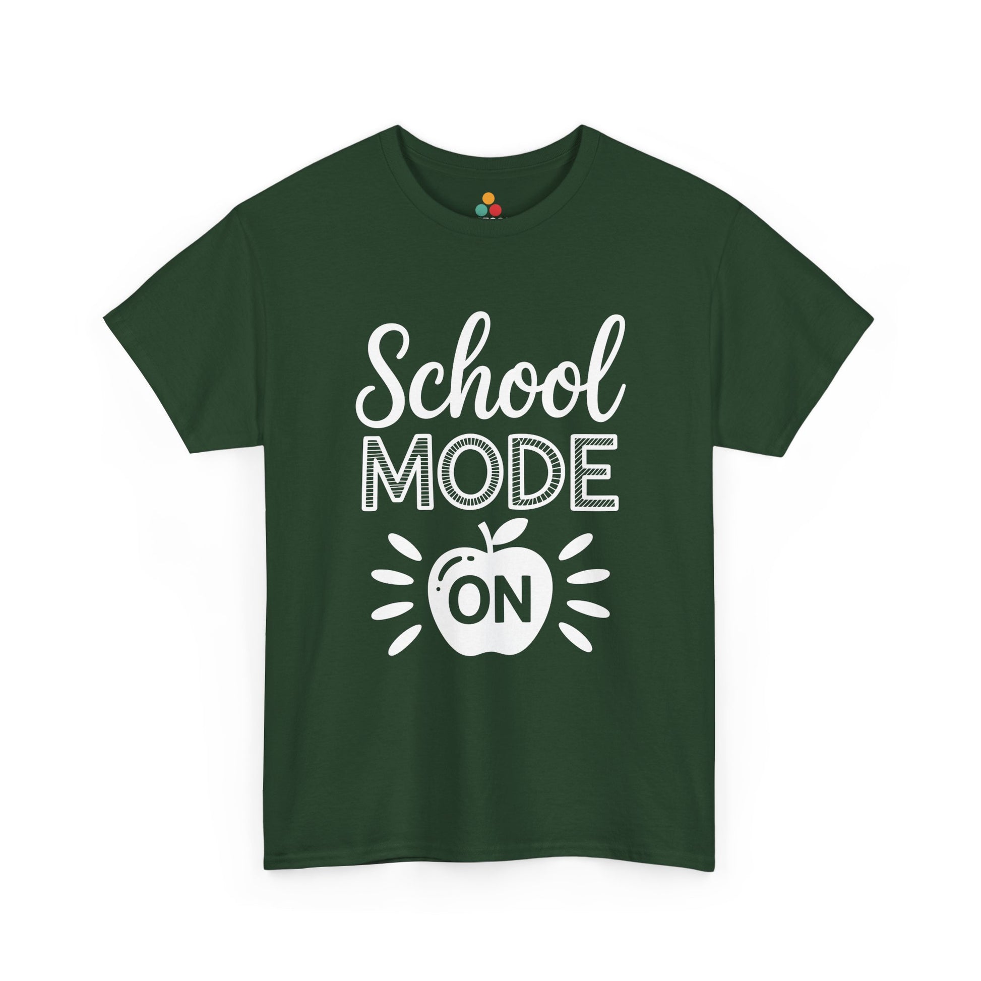 TEEZOCA green “School Mode On” funny teacher T-shirt shown flat.