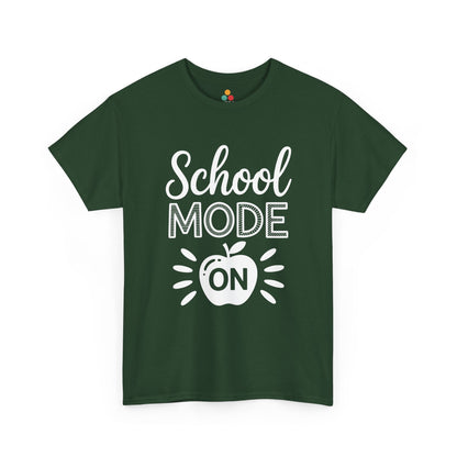 TEEZOCA green “School Mode On” funny teacher T-shirt shown flat.
