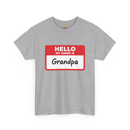 TEEZOCA grey “Hello My Name Is Grandpa” name tag graphic t-shirt shown flat.