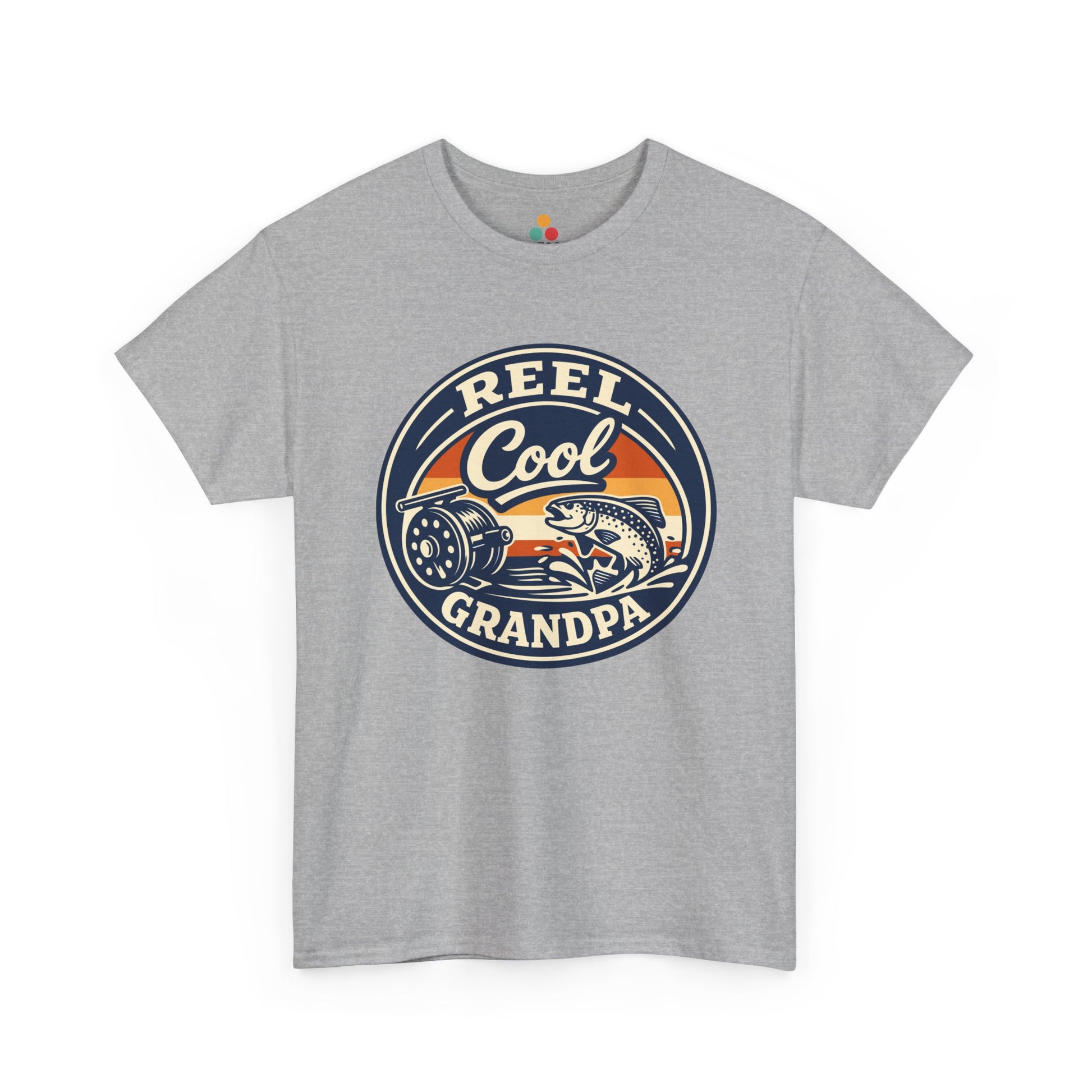 TEEZOCA grey 'Reel Cool Grandpa' graphic T-shirt shown flat.