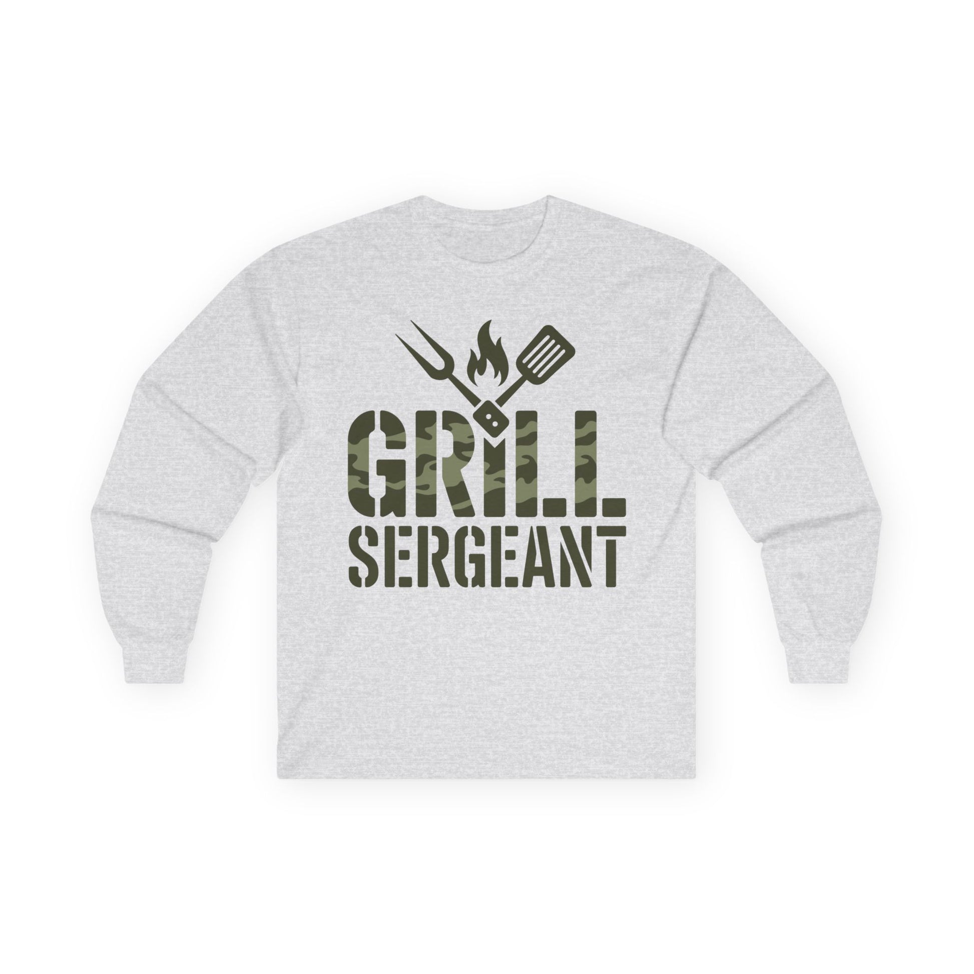 TEEZOCA grill humor military style long-sleeve tee Gray sweatshirt with 'Grill Sergeant' text and grill icons on a white background