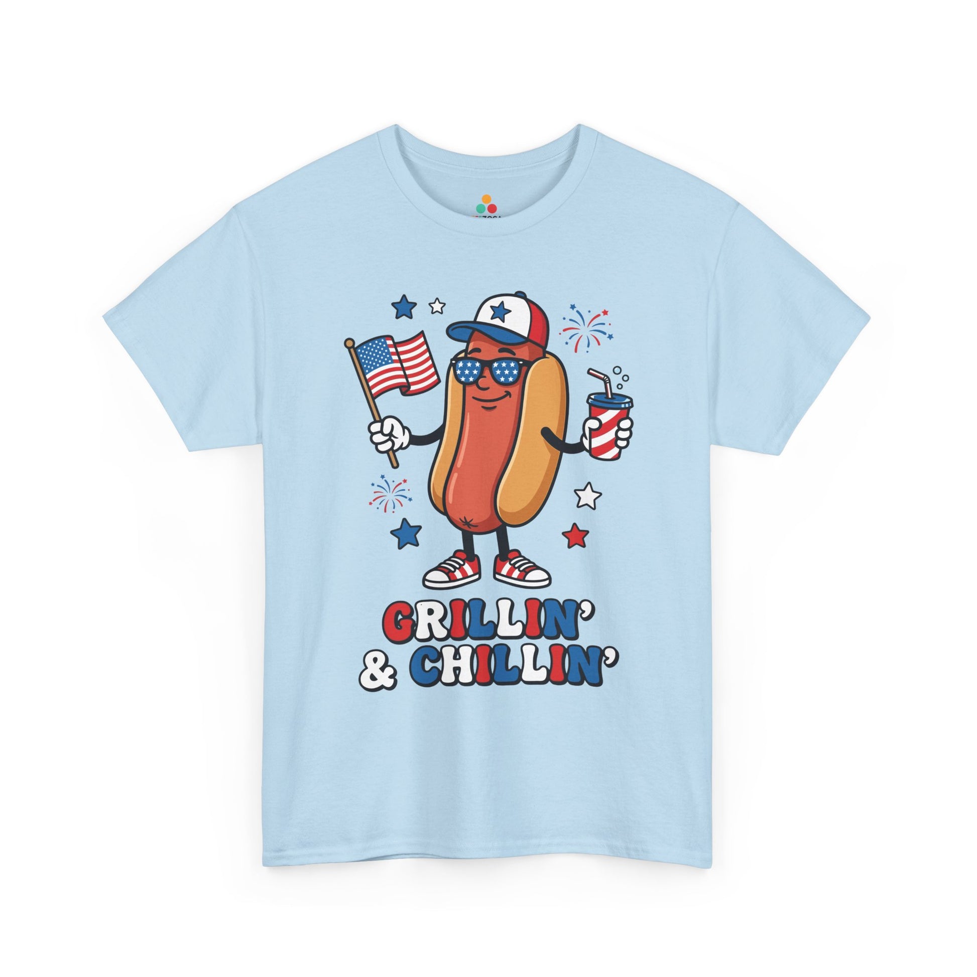 TEEZOCA grillin and chillin shirt t-shirt with patriotic hot dog shirt artwork, fireworks, stars, and cookout party style.
