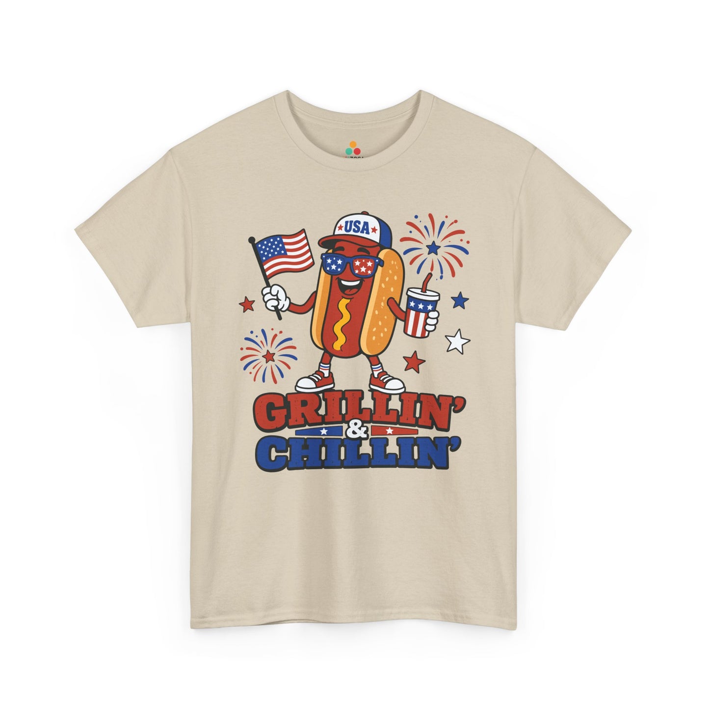 TEEZOCA grilling shirt t-shirt featuring a funny BBQ hot dog shirt character with red white and blue patriotic details.
