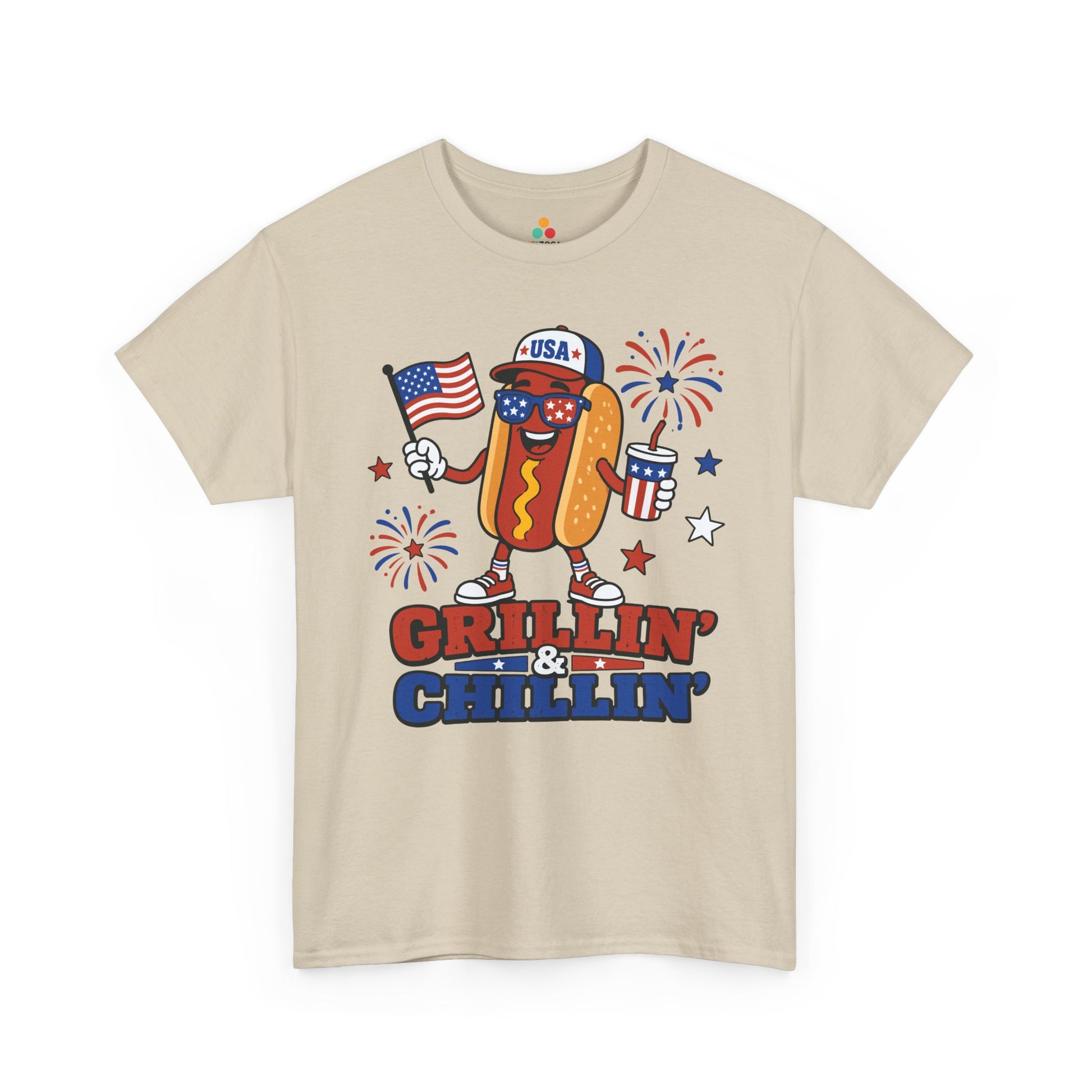 TEEZOCA grilling shirt t-shirt featuring a funny BBQ hot dog shirt character with red white and blue patriotic details.
