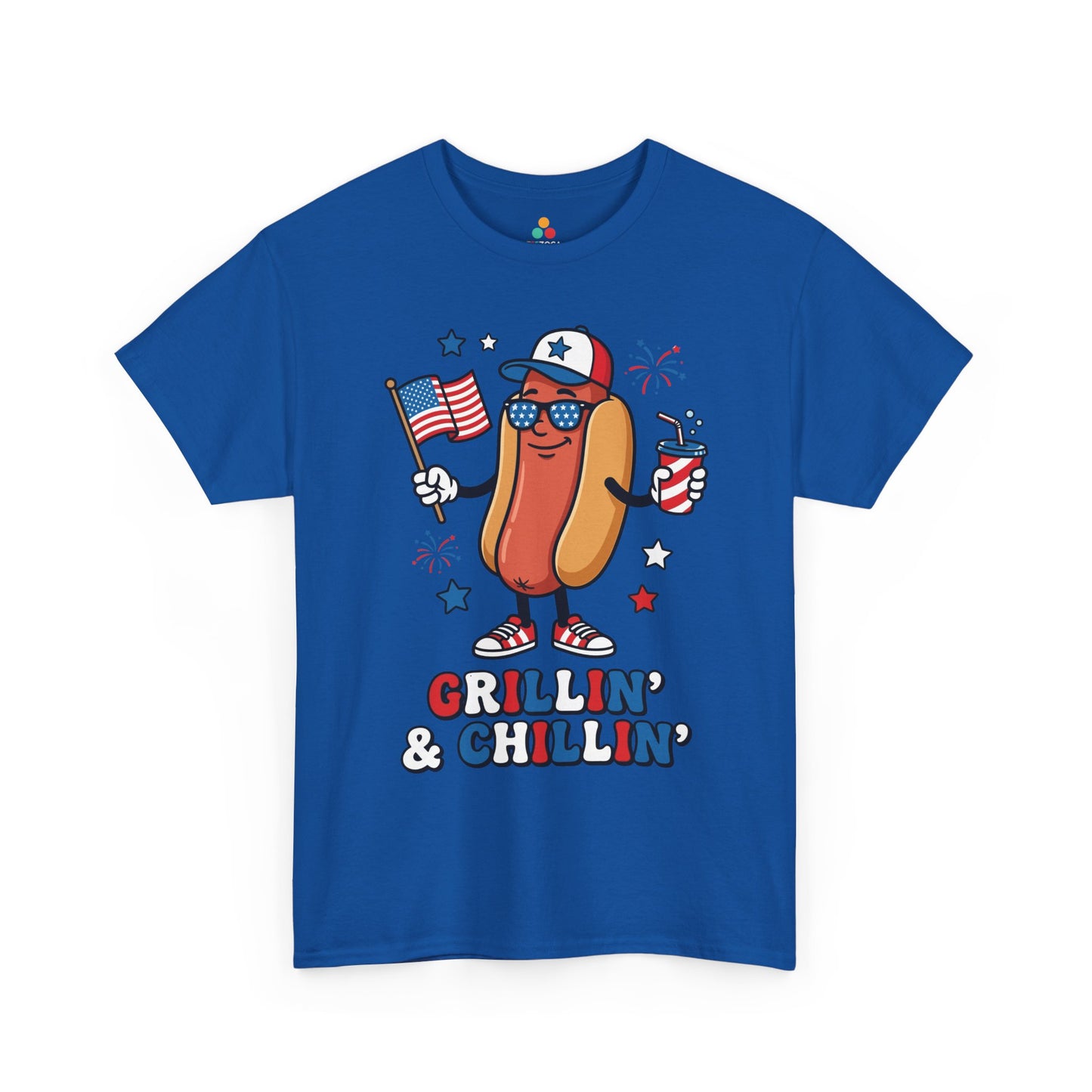 TEEZOCA grilling shirt t-shirt featuring a funny patriotic hot dog mascot, American flag, red blue stars, and chill summer energy.
