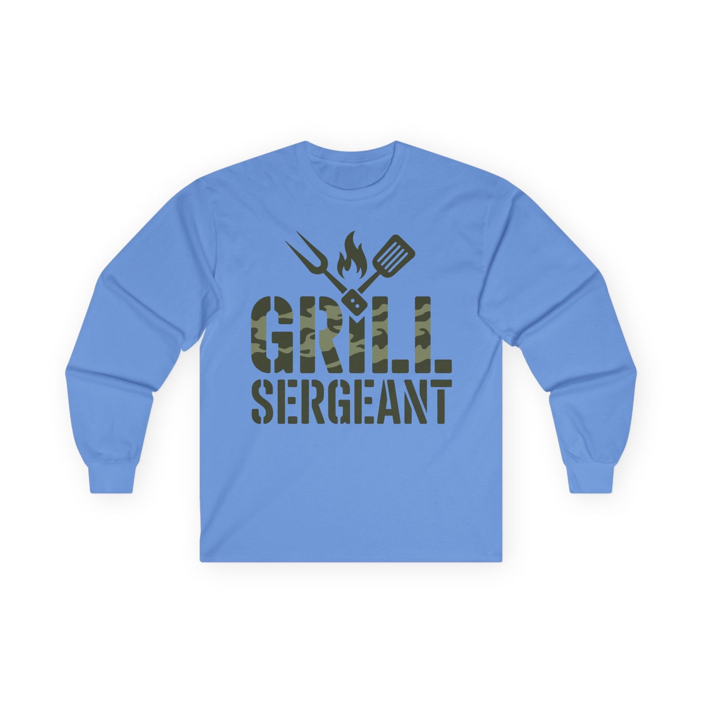 TEEZOCA grilling tools graphic unisex long-sleeve shirt Blue long-sleeve shirt with 'Grill Sergeant' text and grill icons on a white background