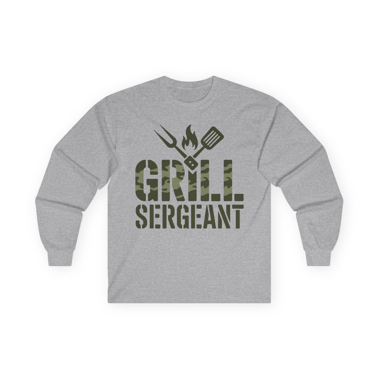 TEEZOCA grilling tools graphic unisex long-sleeve shirt Gray long-sleeve shirt with 'Grill Sergeant' text and grill icons on a white background