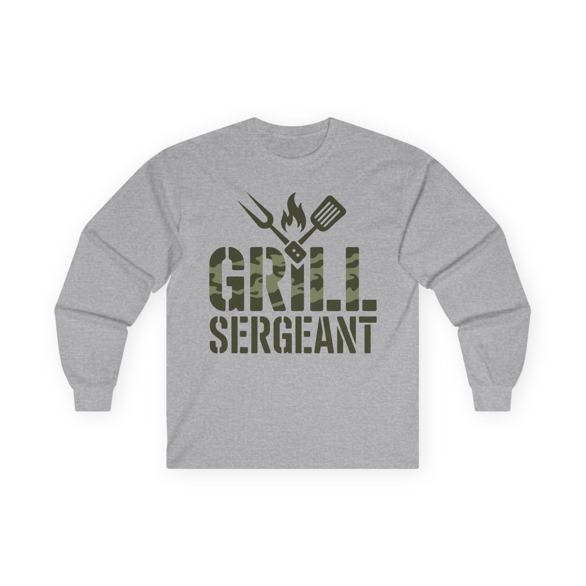 TEEZOCA grilling tools graphic unisex long-sleeve shirt Gray long-sleeve shirt with 'Grill Sergeant' text and grill icons on a white background