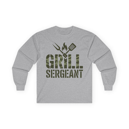 TEEZOCA grilling tools graphic unisex long-sleeve shirt Gray long-sleeve shirt with 'Grill Sergeant' text and grill icons on a white background