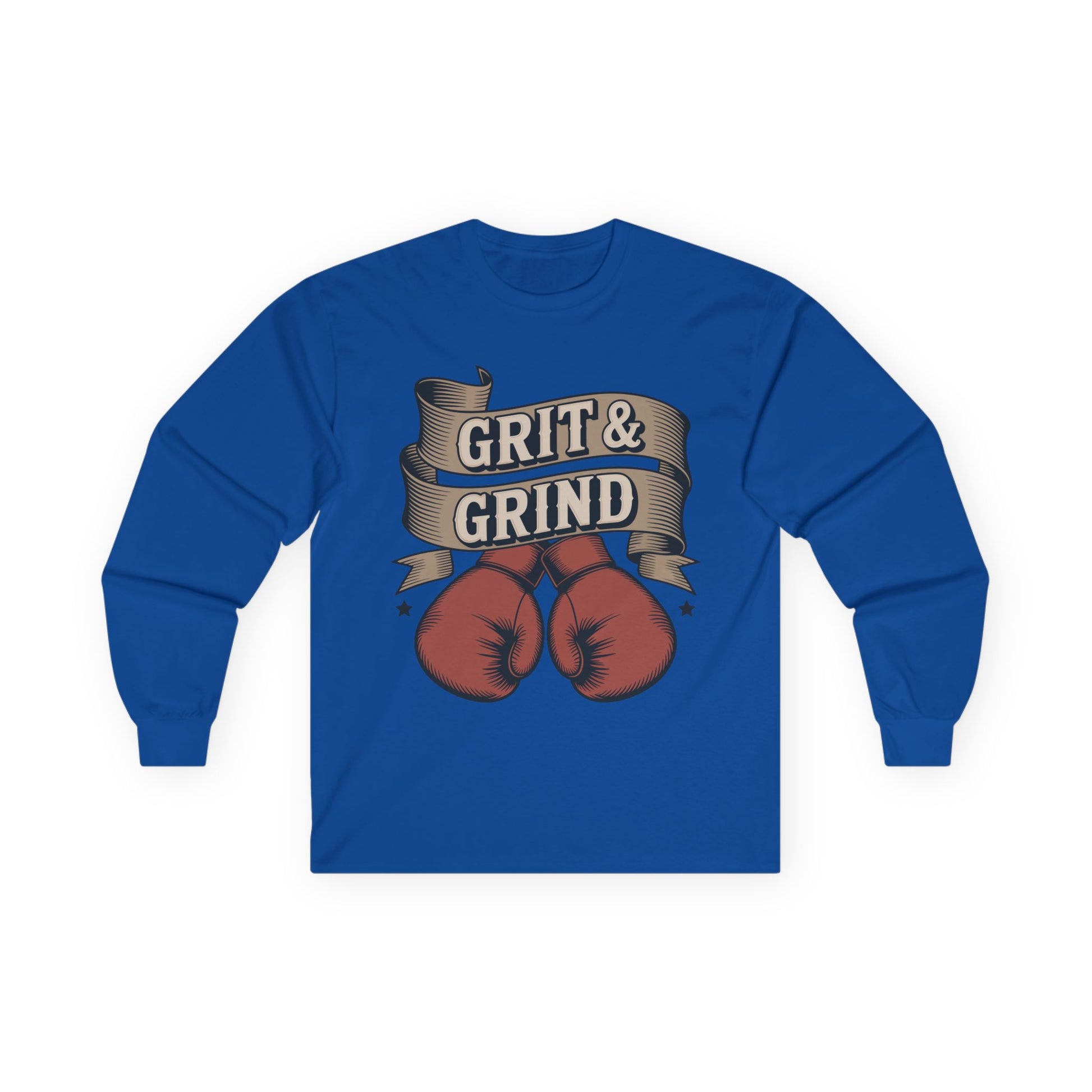 TEEZOCA grit and grind boxing unisex long-sleeve t-shirt Blue long-sleeve shirt with 'Grit & Grind' graphic on a white background