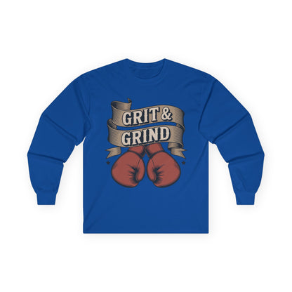 TEEZOCA grit and grind boxing unisex long-sleeve t-shirt Blue long-sleeve shirt with 'Grit & Grind' graphic on a white background