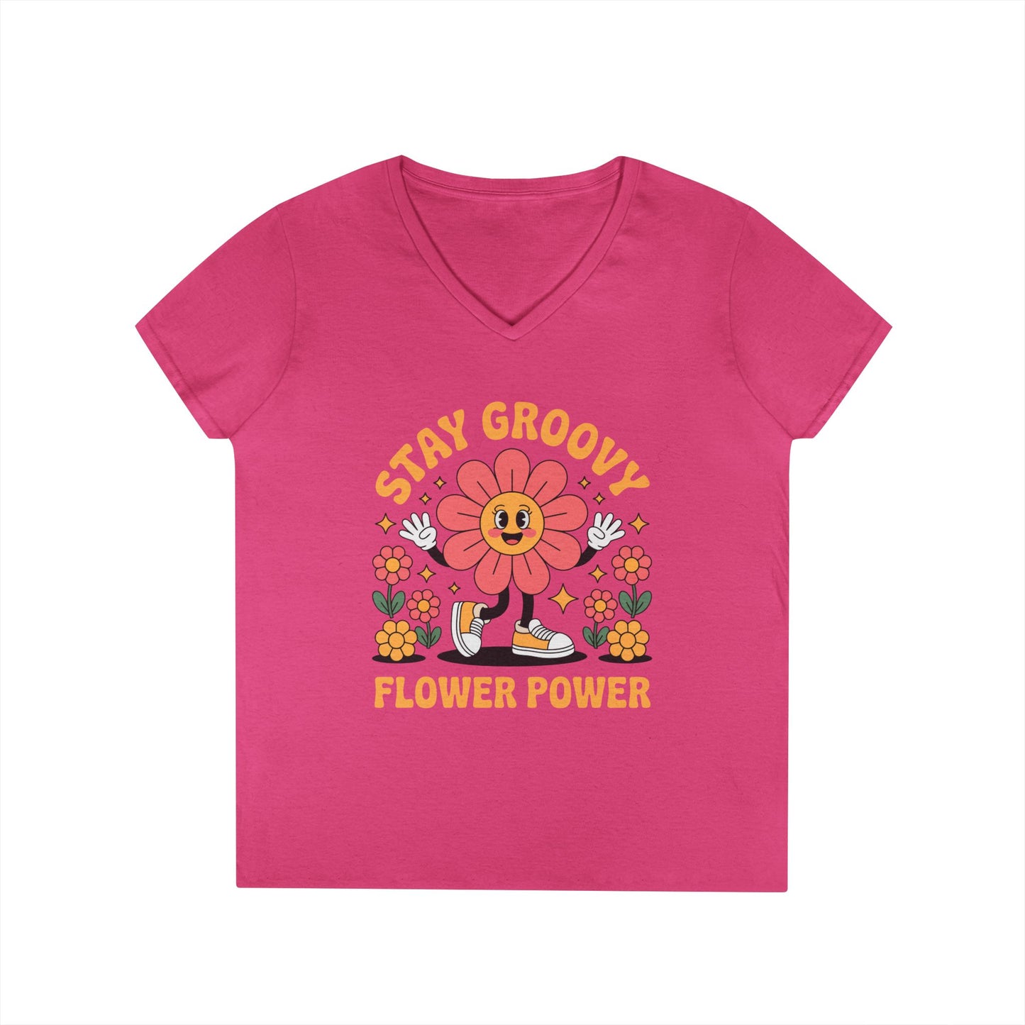 Stay Groovy Flower Power Retro V-Neck T-Shirt for Women Style | TEEZOCA 