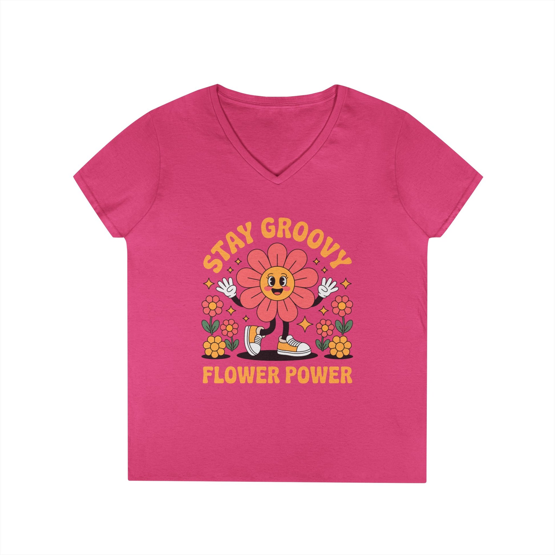 Stay Groovy Flower Power Retro V-Neck T-Shirt for Women Style | TEEZOCA 