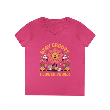 Stay Groovy Flower Power Retro V-Neck T-Shirt for Women Style | TEEZOCA 