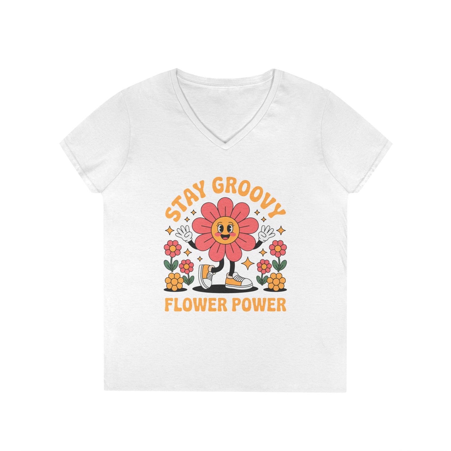 Stay Groovy Flower Power Retro V-Neck T-Shirt for Women Style | TEEZOCA 