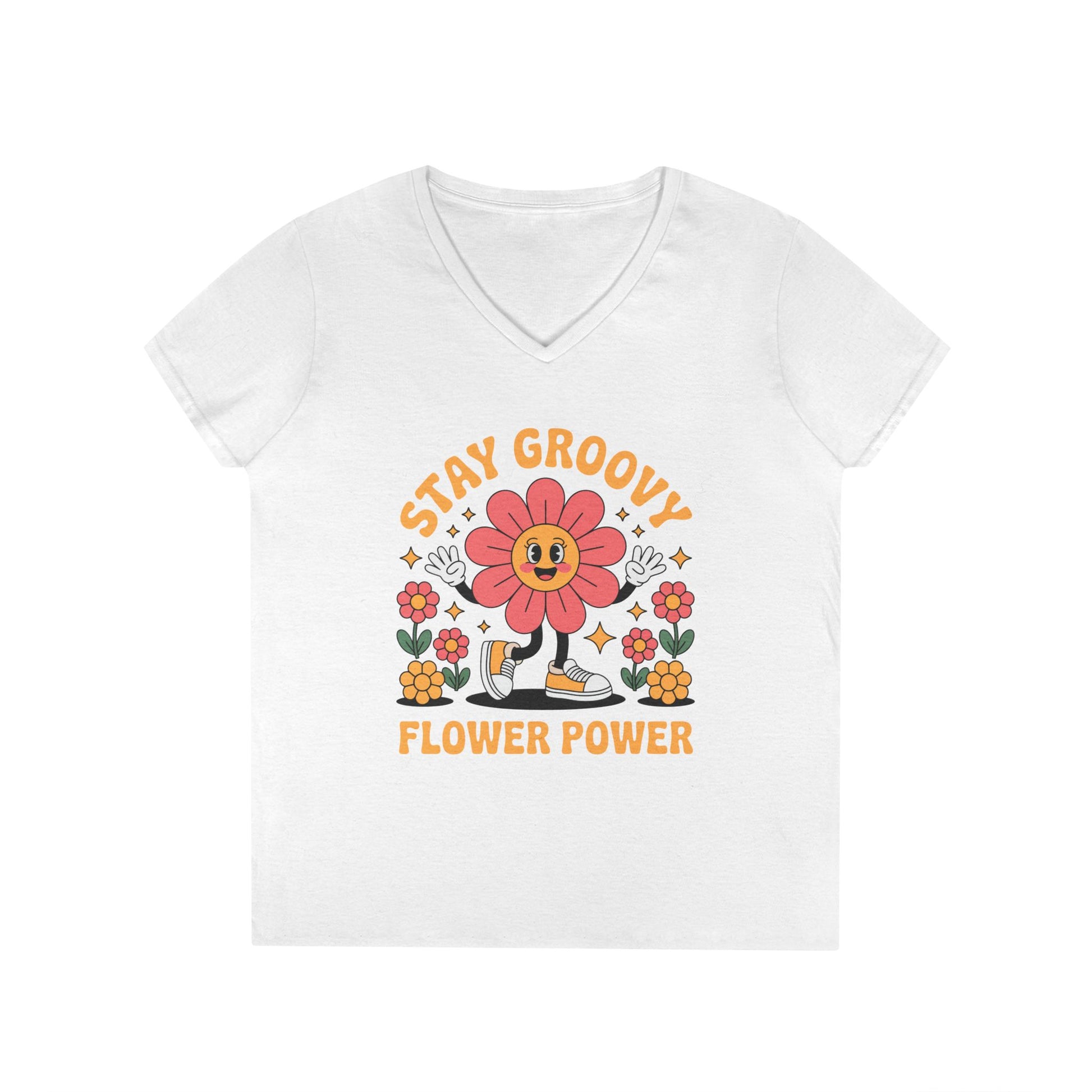 Stay Groovy Flower Power Retro V-Neck T-Shirt for Women Style | TEEZOCA 
