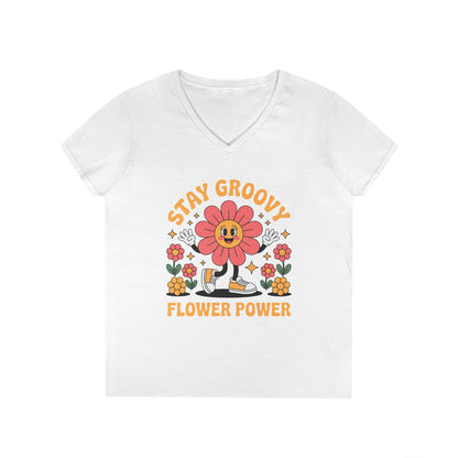 Stay Groovy Flower Power Retro V-Neck T-Shirt for Women Style | TEEZOCA 