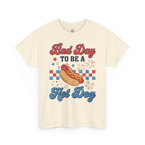 TEEZOCA groovy patriotic shirt t-shirt with funny food shirt design panicked hot dog red blue stars and summer cookout energy