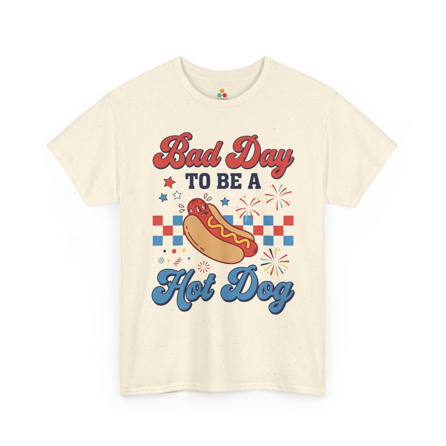 TEEZOCA groovy patriotic shirt t-shirt with funny food shirt design, panicked hot dog, red blue stars, and summer cookout energy.
