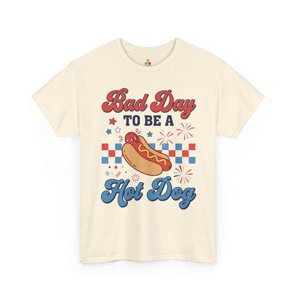 TEEZOCA groovy patriotic shirt t-shirt with funny food shirt design, panicked hot dog, red blue stars, and summer cookout energy.

