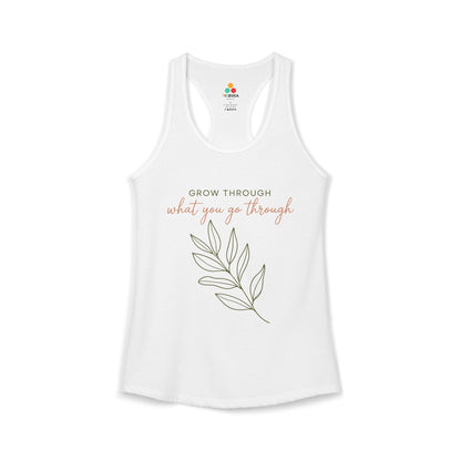 TEEZOCA grow through what you go through women’s tank top botanical quote White tank top with motivational quote and leaf design on a white background