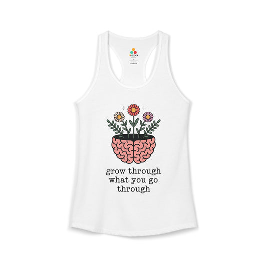 TEEZOCA grow through what you go through women’s tank top with floral brain art White tank top with brain and flowers design and motivational quote on a white background
