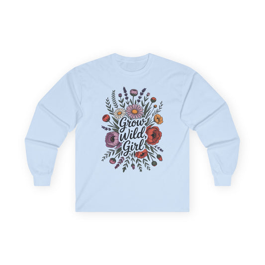 TEEZOCA grow wild girl floral graphic on unisex long-sleeve t-shirt Light blue sweatshirt with floral design and 'Grow Wild, Girl' text on a white background
