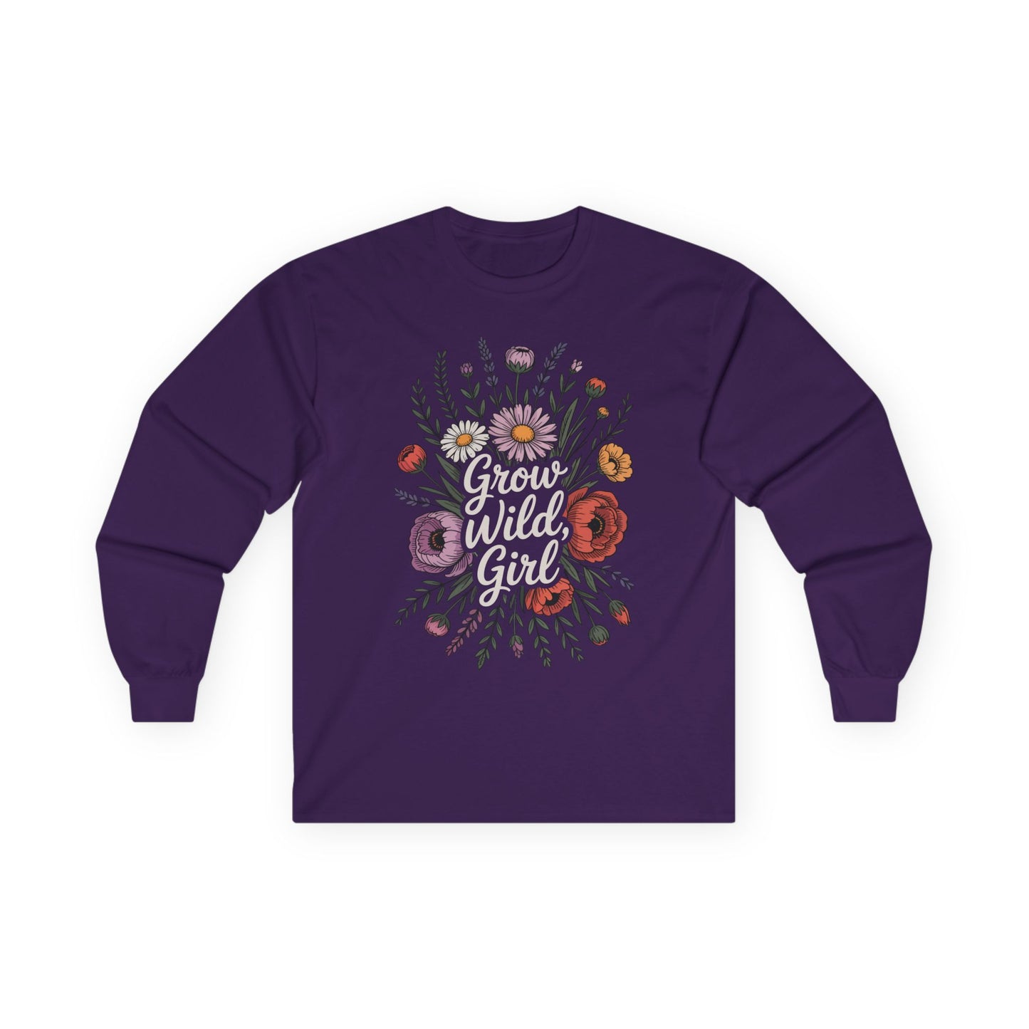 TEEZOCA grow wild girl floral graphic on unisex long-sleeve t-shirt Purple long-sleeve shirt with floral design and 'Grow Wild, Girl' text on a white background