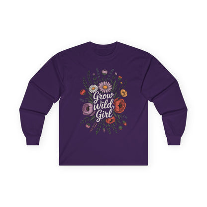 TEEZOCA grow wild girl floral graphic on unisex long-sleeve t-shirt Purple long-sleeve shirt with floral design and 'Grow Wild, Girl' text on a white background
