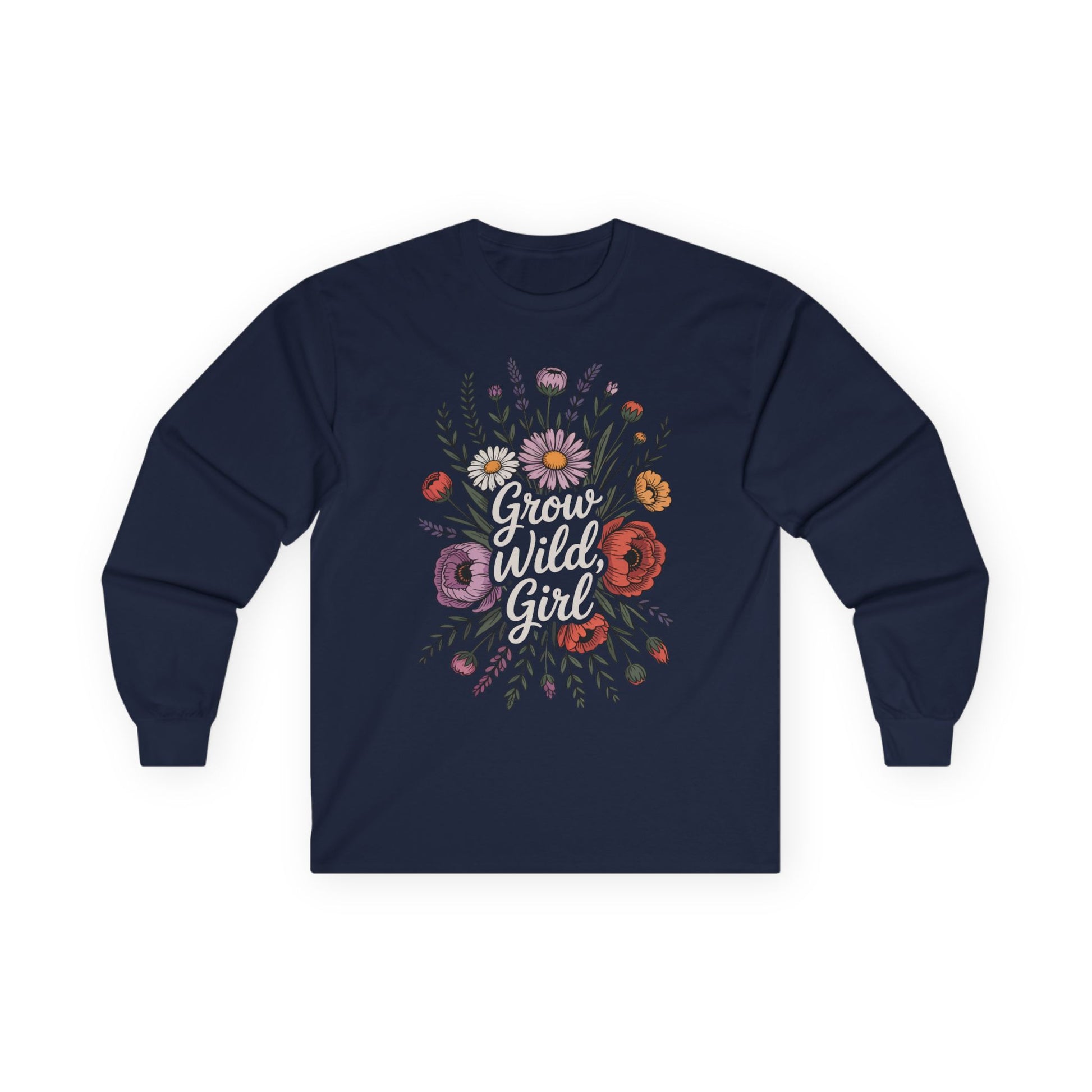 TEEZOCA grow wild girl floral illustration printed on unisex long-sleeve t-shirt Navy blue long-sleeve shirt with floral design and 'Grow Wild, Girl' text on a white background