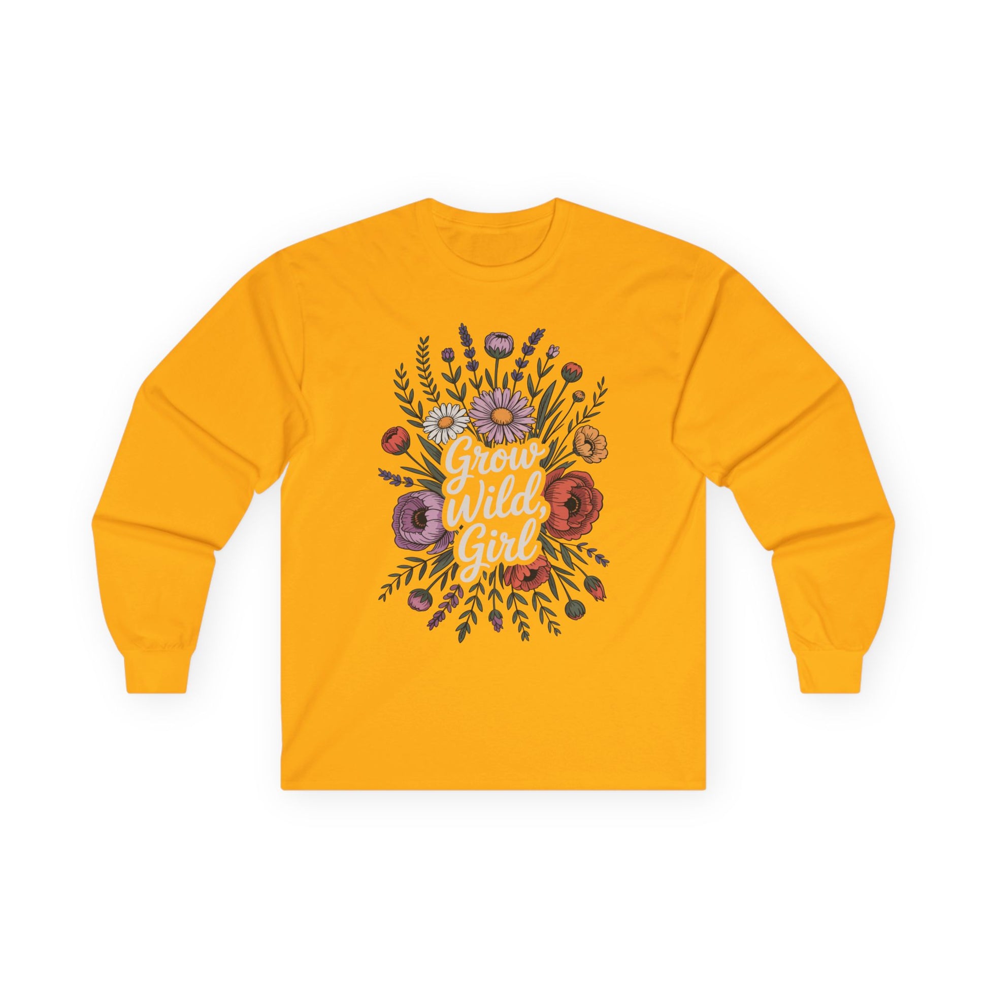 TEEZOCA grow wild girl floral illustration printed on unisex long-sleeve t-shirt Yellow long-sleeve shirt with floral design and 'Grow Wild Girl' text on a white background